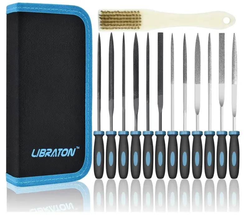 LIBRATON Small File Set, Needle Diamond Files 13PCS, 6pcs Jewlers & 6 Steel for Precision Metal Work, Wood, Woodworking, Plastic Carving Tool with Brush and Carry Case