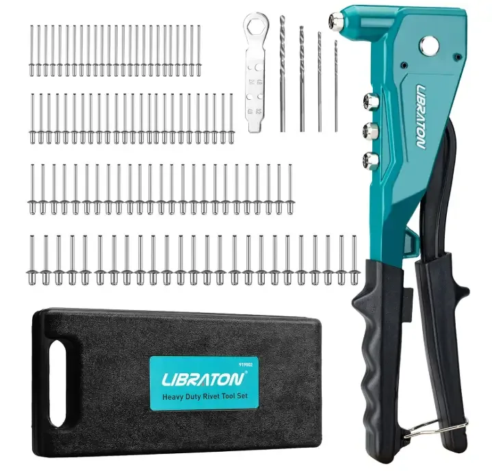 Libraton Heavy Duty Rivet Gun, Pop Rivet Gun Set, Professional Hand Riveter, Manual Riveting Tool with 110Pcs Rivets and 4 Interchangeable Heads, for Metal, Wood and Plastic