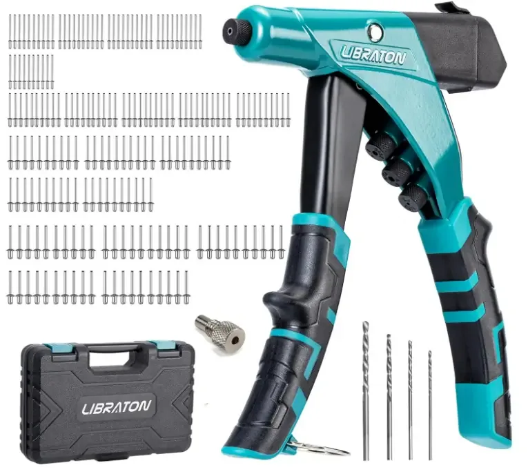 LIBRATON Professional Heavy Duty Rivet Gun, One-Handed Pop Rivet Gun Set, Robust Riveter with Shaft Container, Manual Riveting Tool, Tool-Free Interchangeable Heads, for Metal, Wood and Plastic