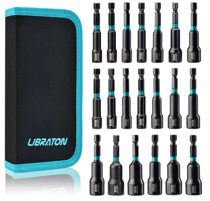 Libraton 20PCS Magnetic Nut Driver Set, Impact Drill Driver Bit Set 1/4″, Metric and SAE Nut Driver, with Storage Bag, 5-13mm and 3/16”-1/2” Nut Drivers